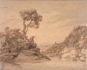 Landschap met figuur aan de oever van een vijver